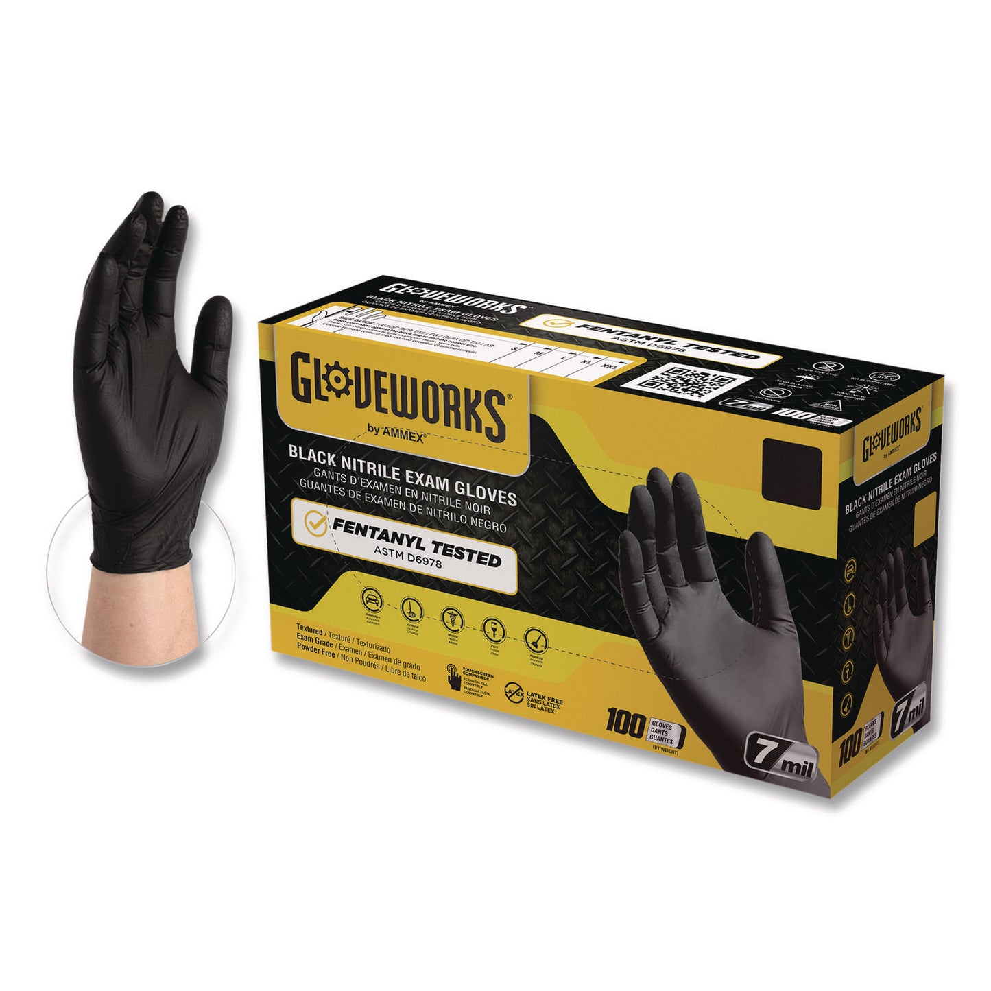 GloveWorks® by AMMEX® Nitrile Exam Gloves, Powder-Free, X-Large, 7 mil Thick, 9.5" Long, Black, 100/Box, 10 Boxes/Carton (AXCGWBEN48100CT)