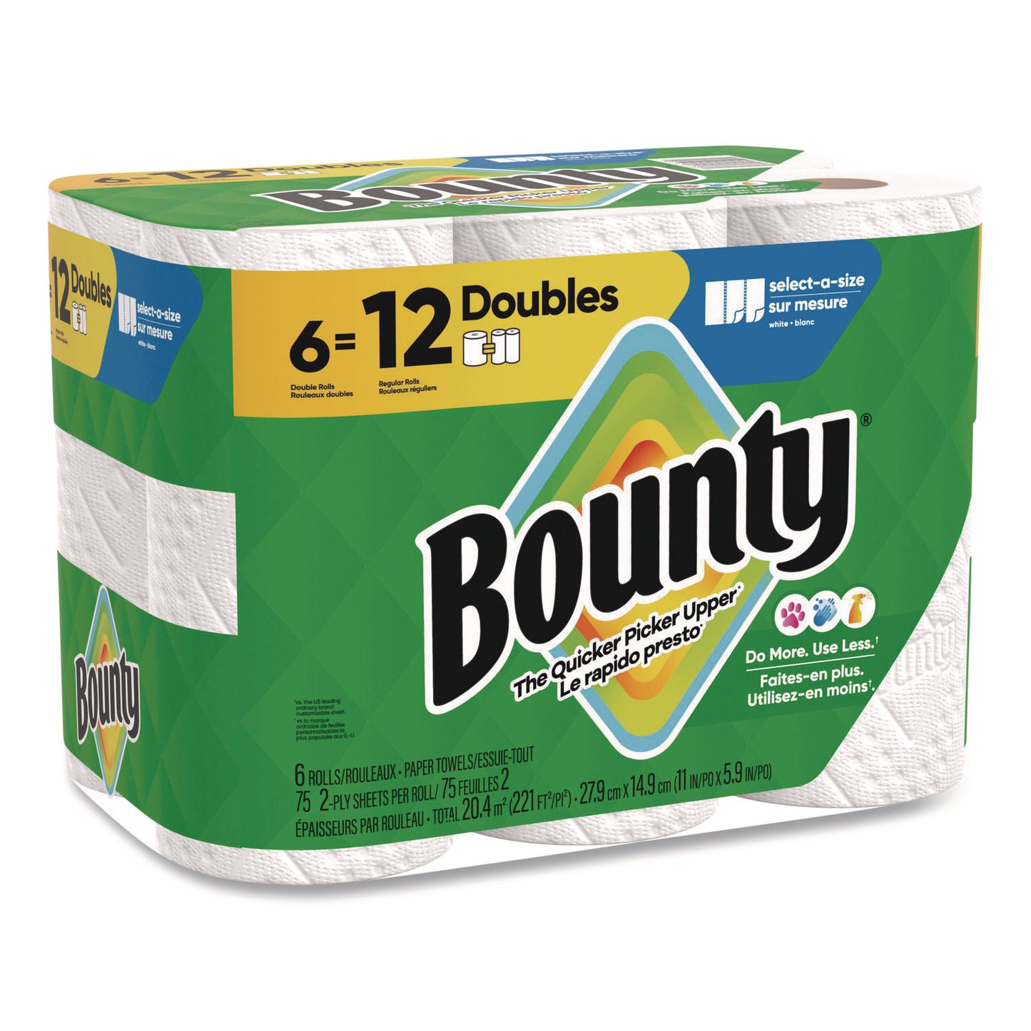 Bounty® Select-a-Size Kitchen Roll Paper Towels, 2-Ply, White, 10.2 x 11, 75 Sheets/Roll, 6 Triple Rolls/Pack (PGC16008)