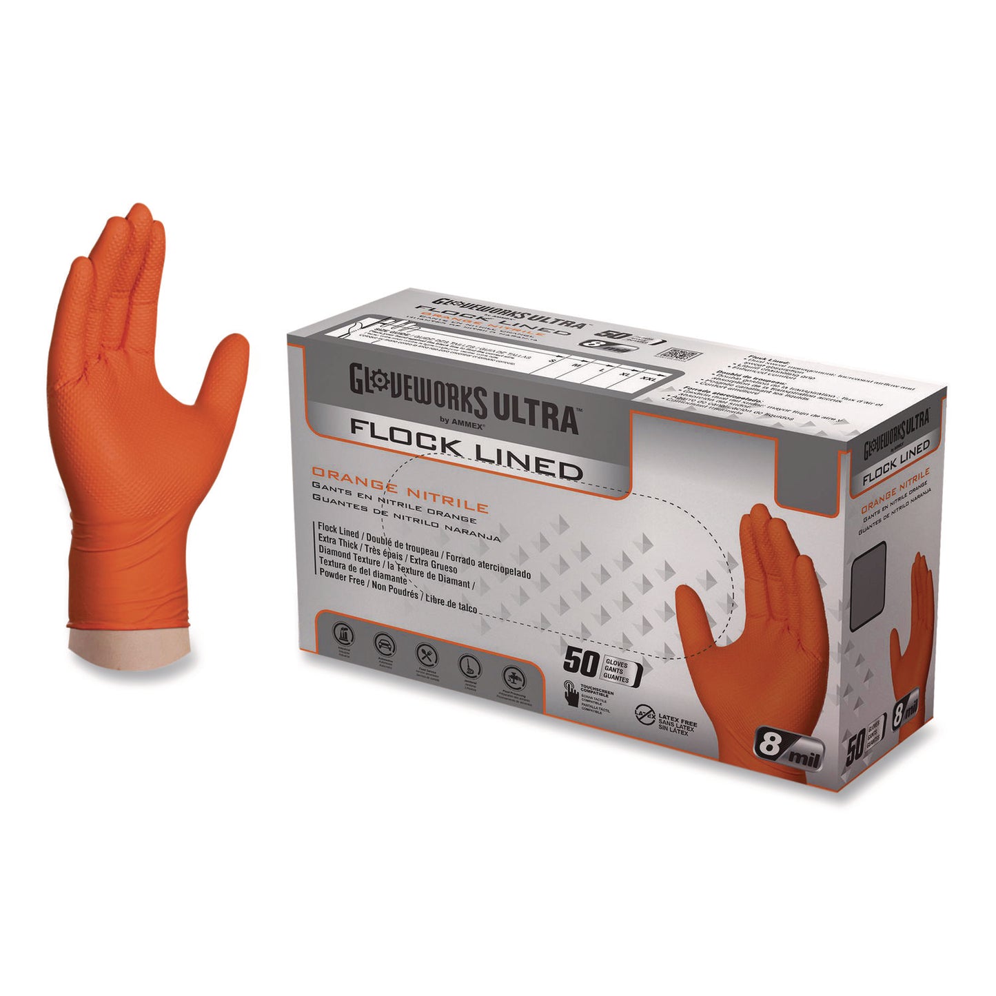 GloveWorks® by AMMEX® Ultra Industrial Flock-Lined Nitrile Disposable Gloves, Large, 8 mil Thick, 9.06" Long, Orange, 50/Box, 10 Boxes/Carton (AXCGWUOFN46050)