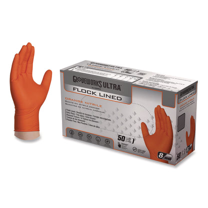 GloveWorks® by AMMEX® Ultra Industrial Flock-Lined Nitrile Disposable Gloves, Large, 8 mil Thick, 9.06" Long, Orange, 50/Box, 10 Boxes/Carton (AXCGWUOFN46050)