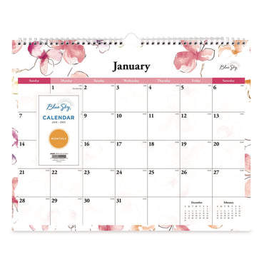 Blue Sky® Lindley Monthly Wall Calendar, Floral Artwork, 15 x 12, White/Pink/Red Sheets, 12-Month (Jan to Dec): 2026 (BLS117888)