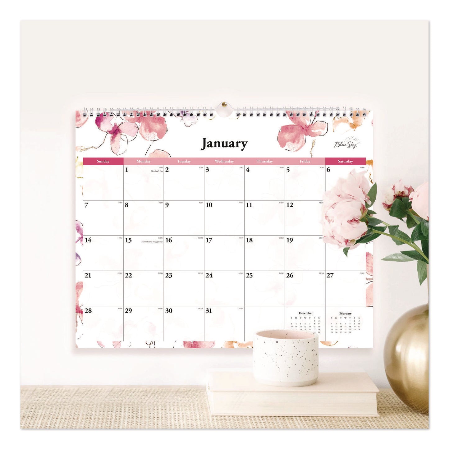 Blue Sky® Lindley Monthly Wall Calendar, Floral Artwork, 15 x 12, White/Pink/Red Sheets, 12-Month (Jan to Dec): 2026 (BLS117888)
