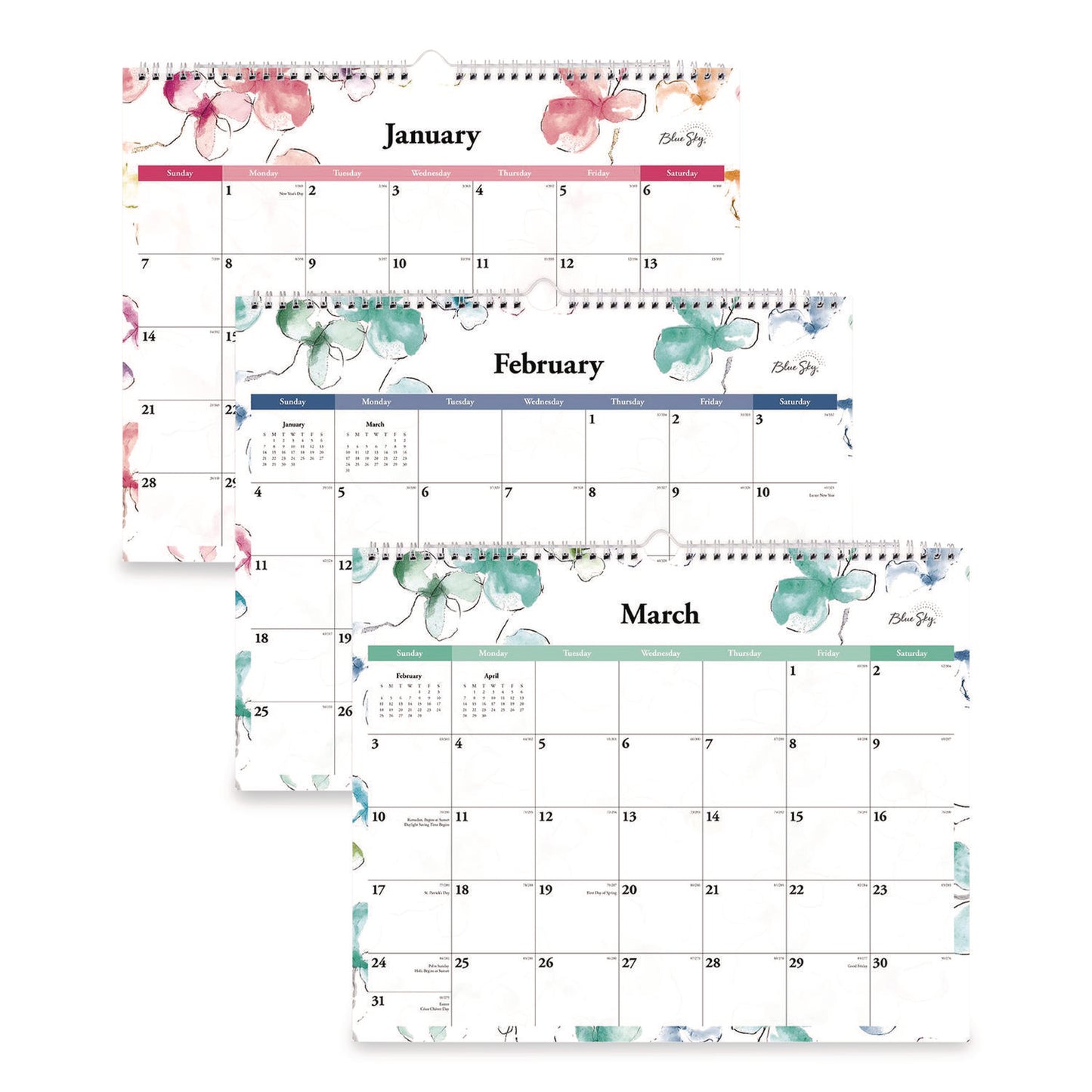 Blue Sky® Lindley Monthly Wall Calendar, Floral Artwork, 15 x 12, White/Pink/Red Sheets, 12-Month (Jan to Dec): 2026 (BLS117888)