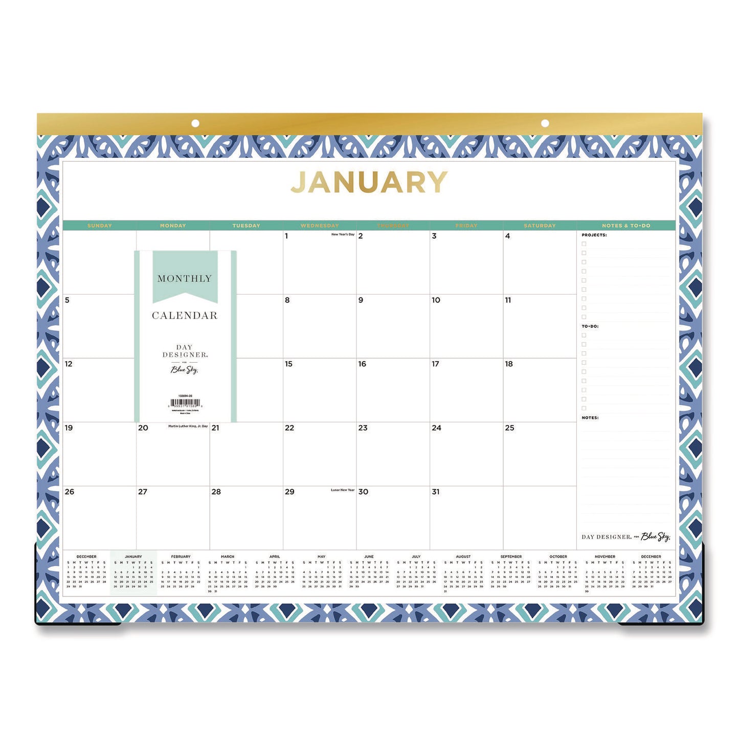 Blue Sky® Tile Monthly Desk Pad Calendar, Geometric Artwork, 22 x 17, White/Blue/Green Sheets, 12-Month (Jan to Dec): 2026 (BLS133694)