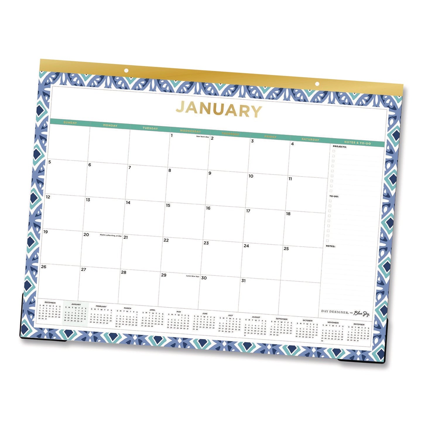 Blue Sky® Tile Monthly Desk Pad Calendar, Geometric Artwork, 22 x 17, White/Blue/Green Sheets, 12-Month (Jan to Dec): 2026 (BLS133694)
