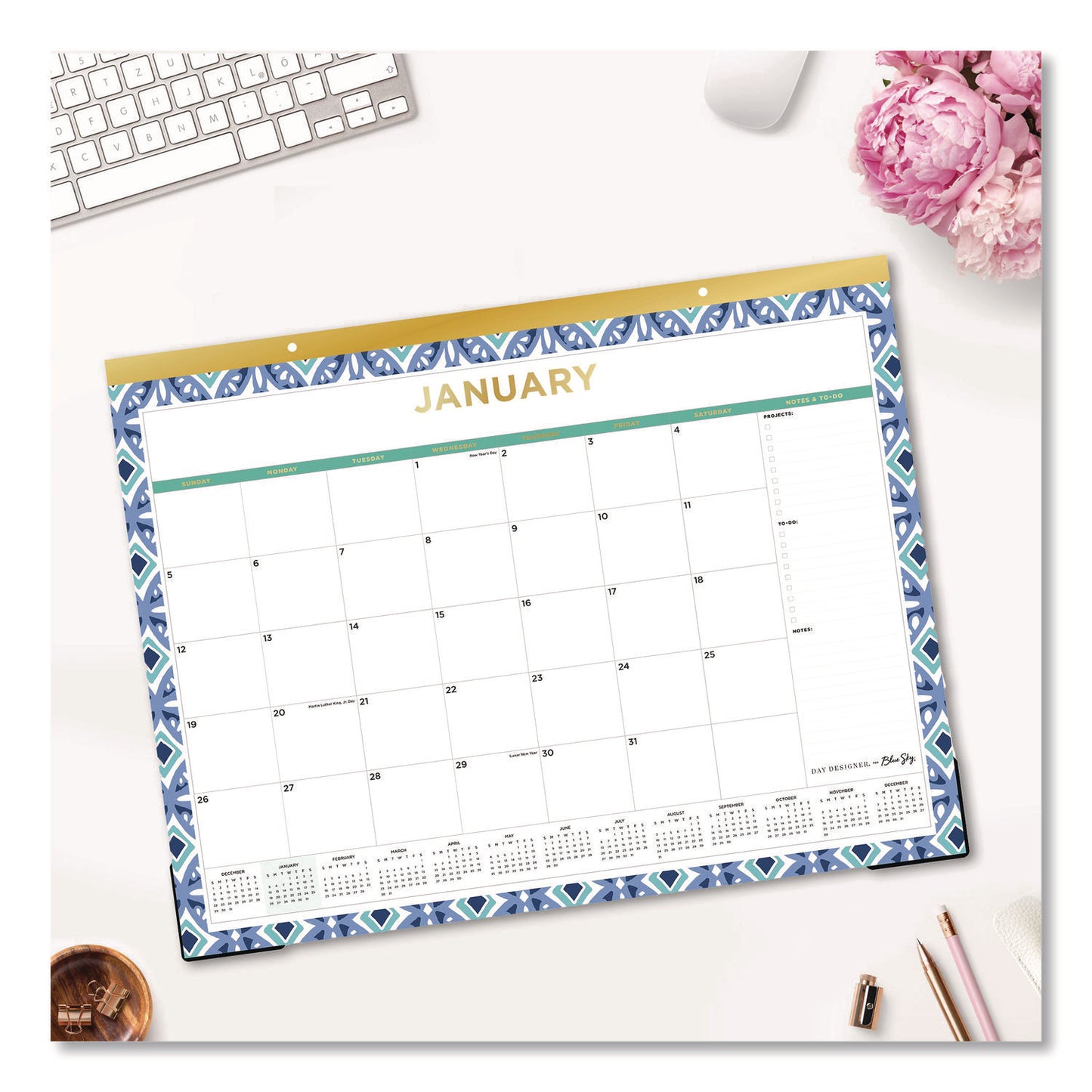 Blue Sky® Tile Monthly Desk Pad Calendar, Geometric Artwork, 22 x 17, White/Blue/Green Sheets, 12-Month (Jan to Dec): 2026 (BLS133694)
