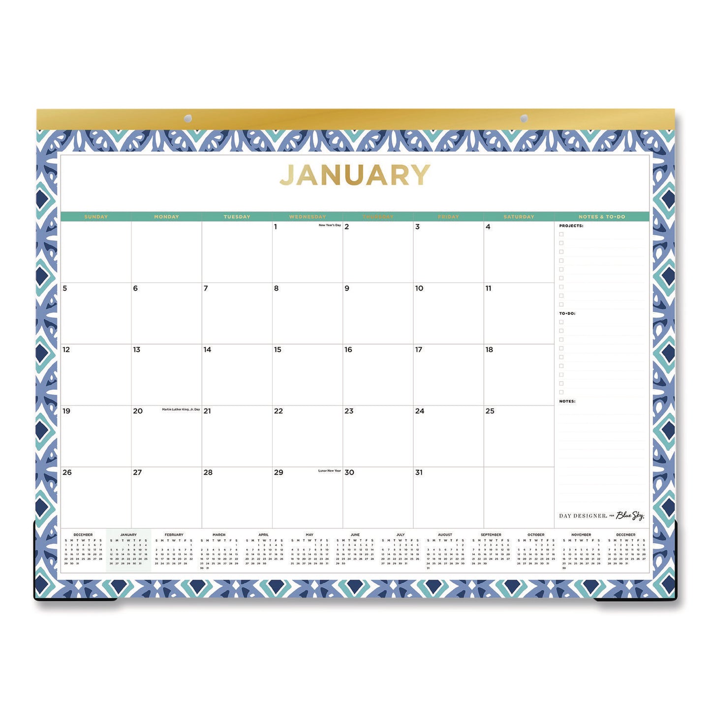 Blue Sky® Tile Monthly Desk Pad Calendar, Geometric Artwork, 22 x 17, White/Blue/Green Sheets, 12-Month (Jan to Dec): 2026 (BLS133694)