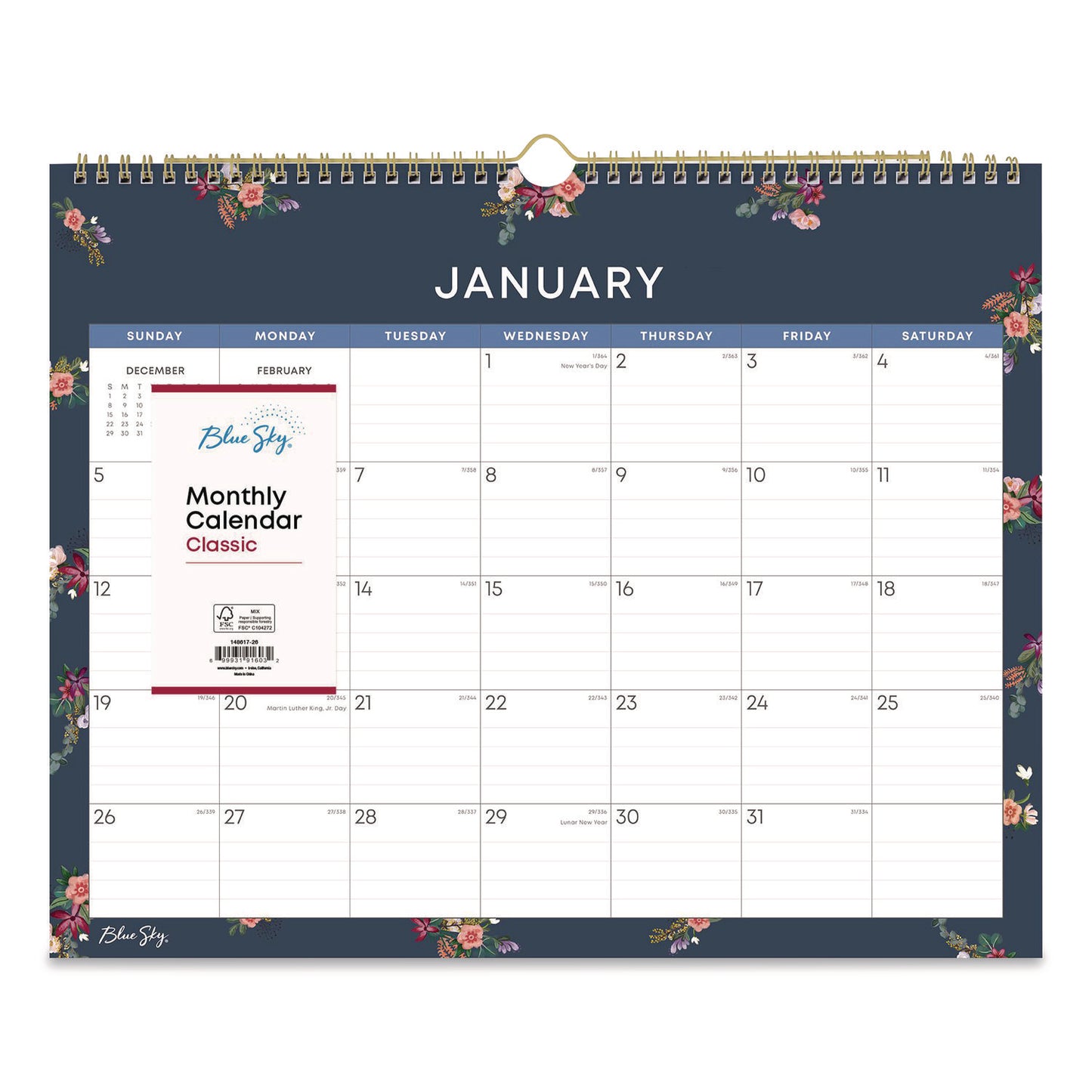 Blue Sky® Ashlyn Monthly Wall Calendar, Floral Artwork, 15 x 12, White/Blue/Pink Sheets, 12-Month (Jan to Dec): 2026 (BLS148617)