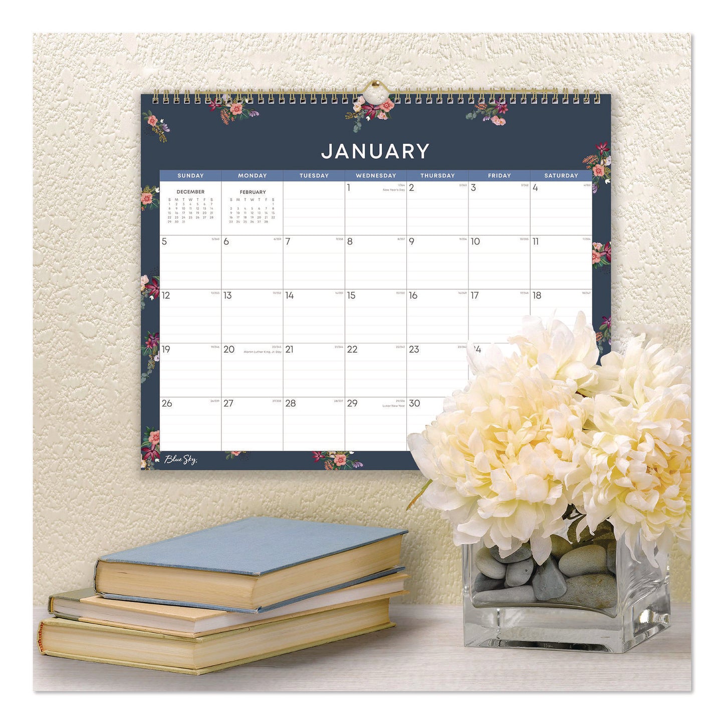 Blue Sky® Ashlyn Monthly Wall Calendar, Floral Artwork, 15 x 12, White/Blue/Pink Sheets, 12-Month (Jan to Dec): 2026 (BLS148617)