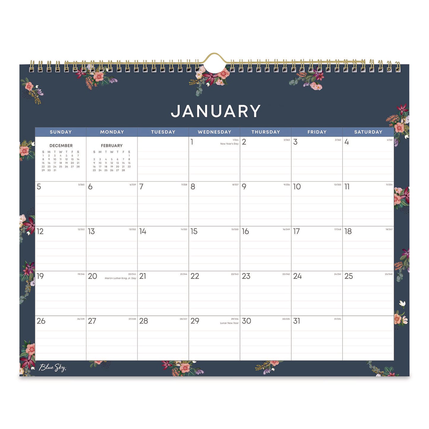 Blue Sky® Ashlyn Monthly Wall Calendar, Floral Artwork, 15 x 12, White/Blue/Pink Sheets, 12-Month (Jan to Dec): 2026 (BLS148617)