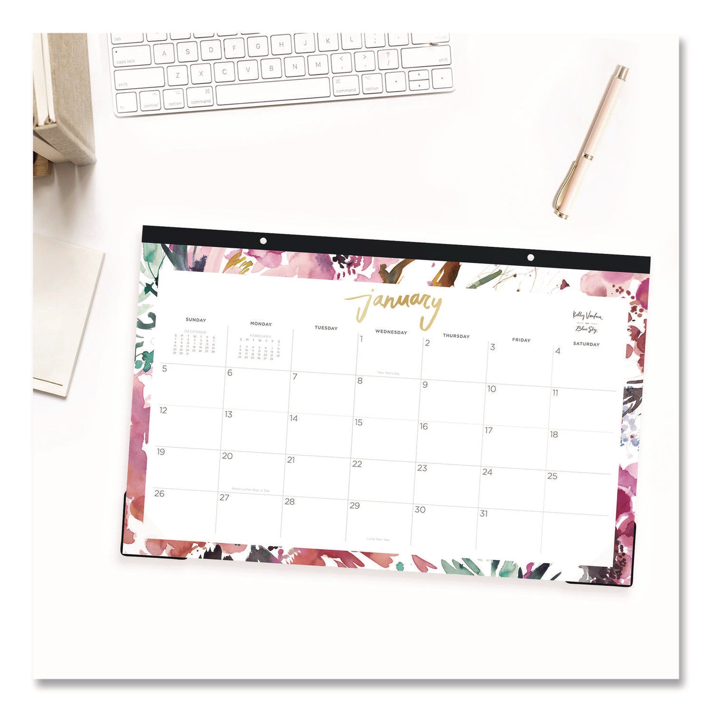 Blue Sky® Kelly Ventura Magenta Bloom Desk Pad Calendar, 17 x 11, Floral Artwork, White/Multicolor Sheets, 12-Month (Jan to Dec): 2026 (BLS149057)