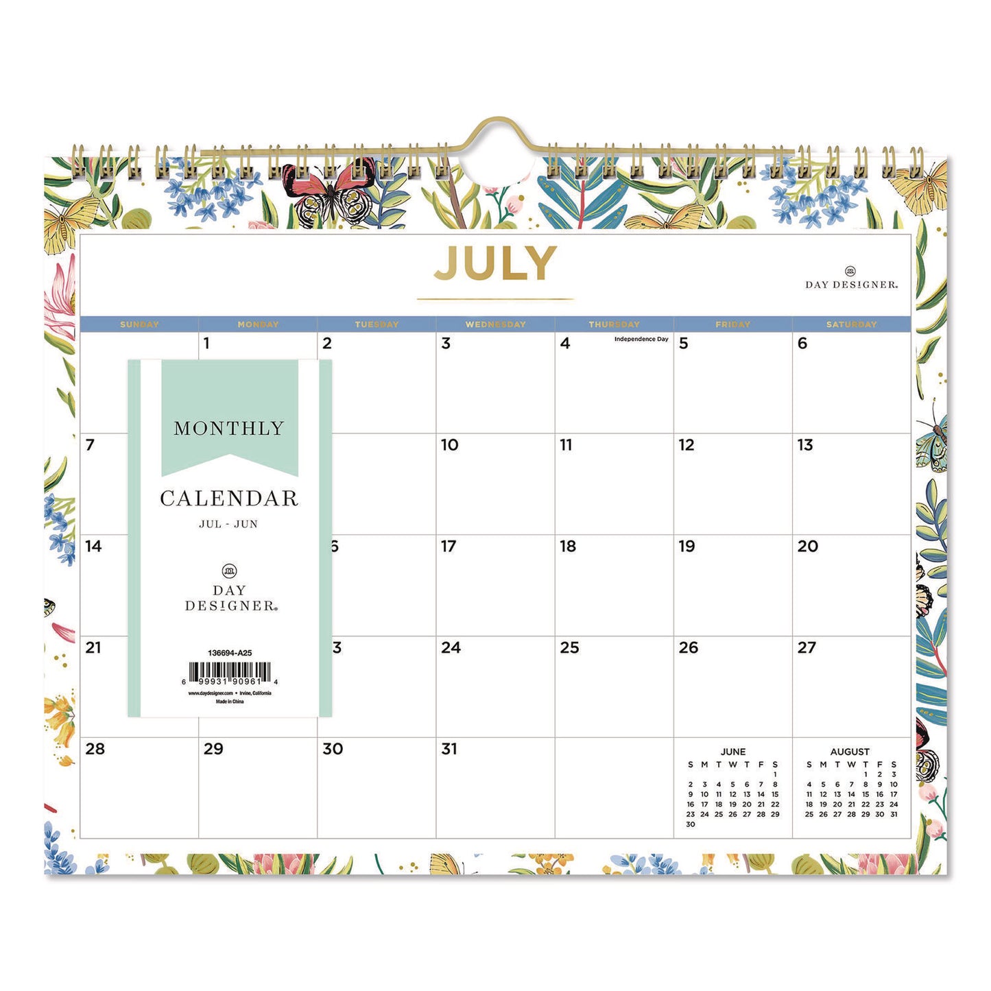 Blue Sky® Day Designer Flutter Academic Year Wall Calendar, Butterfly Floral Artwork, 11 x 8.75, 12-Month (July to June): 2025 to 2026 (BLS136694)