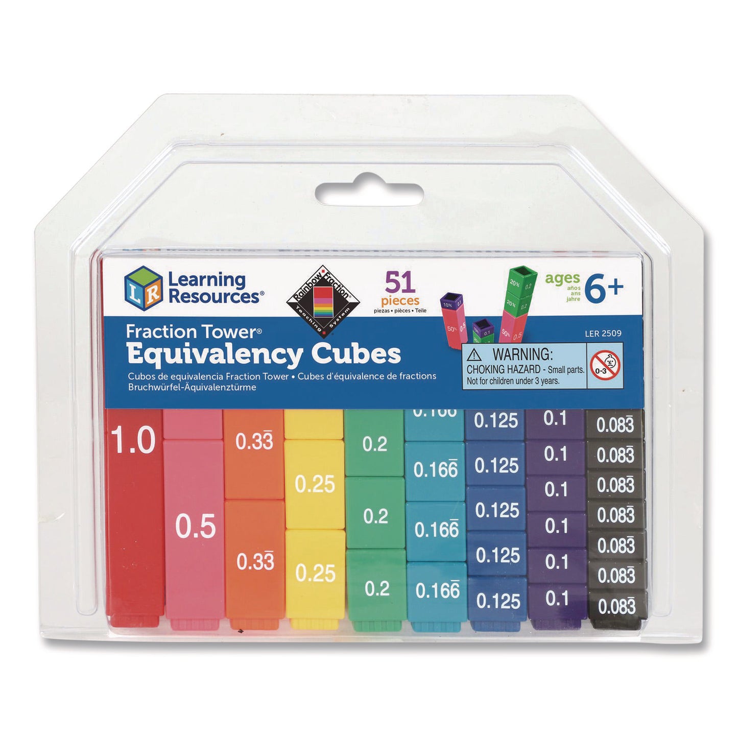 Learning Resources® Fraction Tower Equivalency Cubes, Nine Sizes, Grades 1 to 4, 51 Pieces (LRNLER2509)