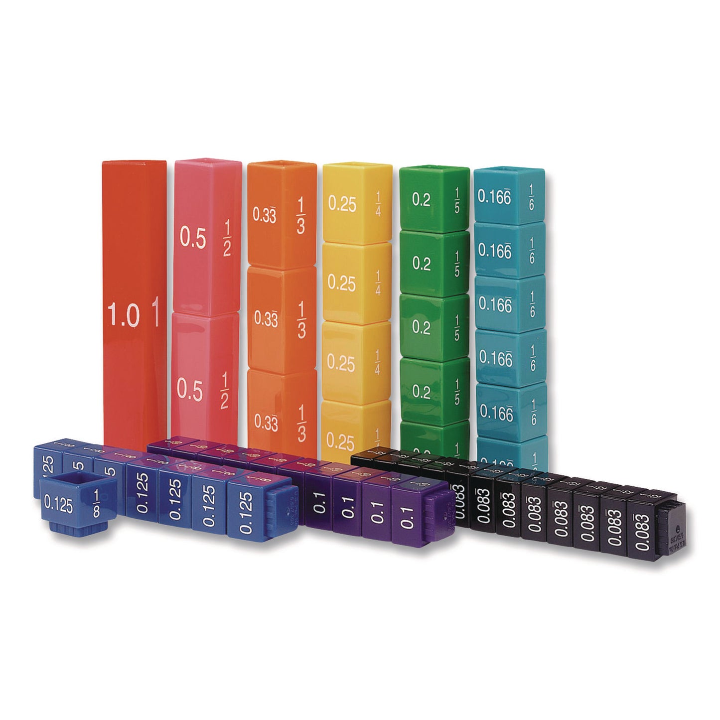 Learning Resources® Fraction Tower Equivalency Cubes, Nine Sizes, Grades 1 to 4, 51 Pieces (LRNLER2509)