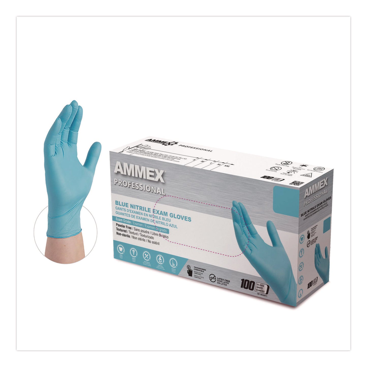 AMMEX® Professional Nitrile Exam Gloves, Powder-Free, Medium, 3 mil Thick, 9.5" Long, Light Blue, 100/Box (AXCAPFN44100)