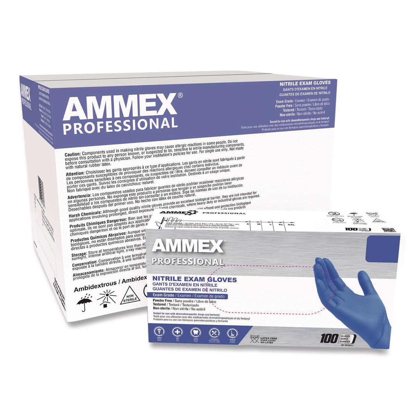 AMMEX® Professional Nitrile Exam Gloves, Powder-Free, Small, 3 mil Thick, 9.5" Long, Blue, 100/Box, 10 Boxes/Carton (AXCACNPF42100)