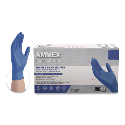 AMMEX® Professional Nitrile Exam Gloves, Powder-Free, Medium, 3 mil Thick, 9.5" Long, Blue, 100/Box, 10 Boxes/Carton (AXCACNPF44100)