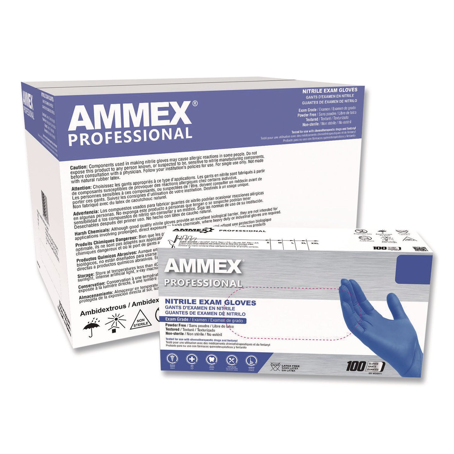 AMMEX® Professional Nitrile Exam Gloves, Powder-Free, X-Large, 3 mil Thick, 9.5" Long, Blue, 100/Box, 10 Boxes/Carton (AXCACNPF48100)