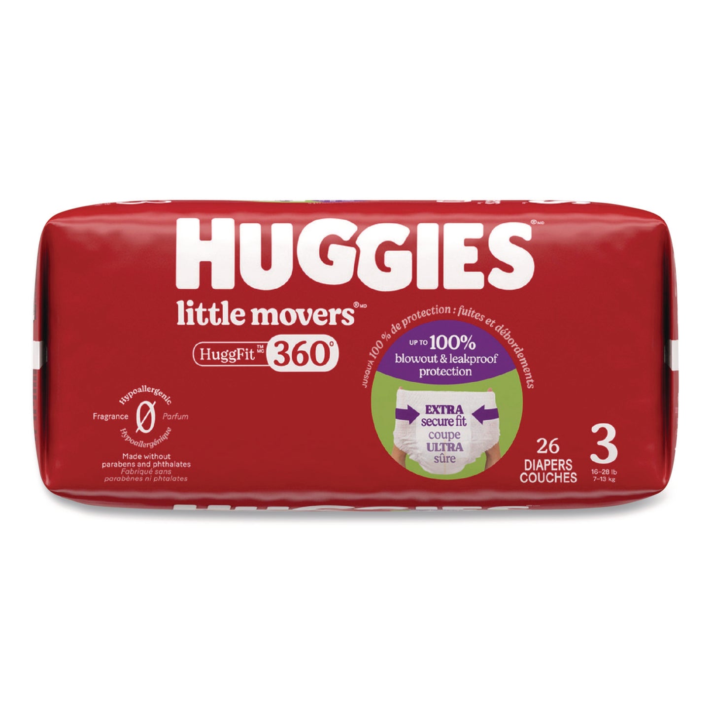 Huggies® Little Movers HuggFit 360 Degree, Size 3, 16 lbs to 28 lbs, Disney Design, 26 Diapers/Pack, 4 Packs/Carton (KCM56605)