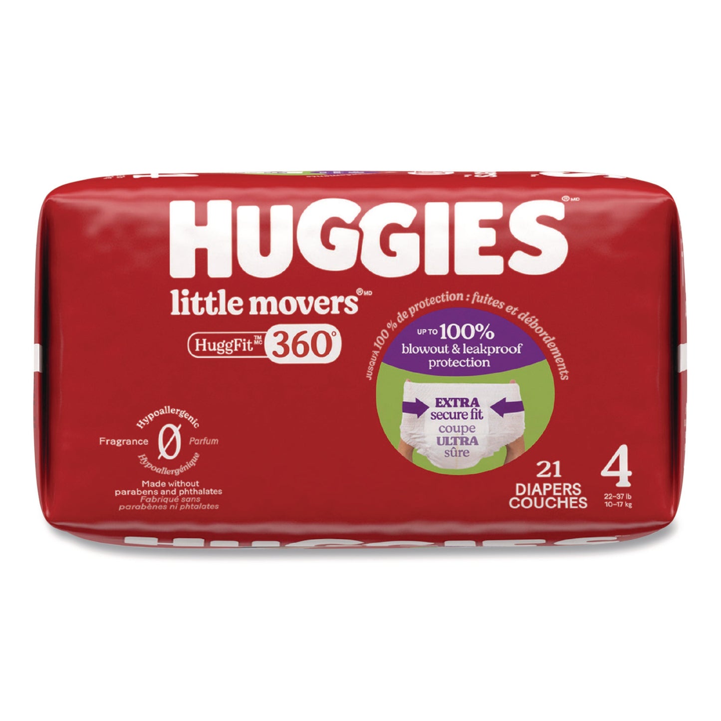 Huggies® Little Movers HuggFit 360 Degree, Size 4, 22 lbs to 37 lbs, Disney Design, 21 Diapers/Pack, 4 Packs/Carton (KCM56606)