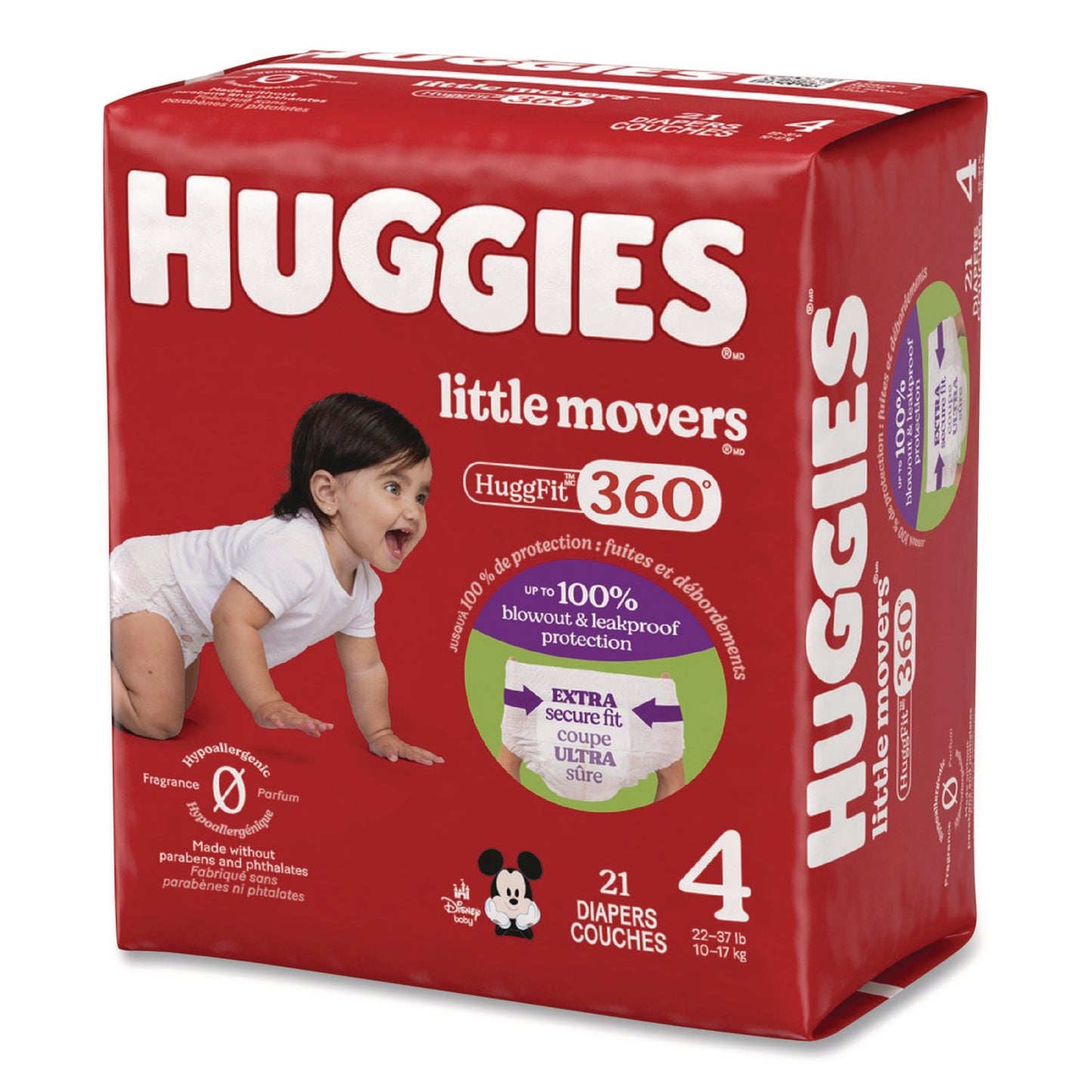 Huggies® Little Movers HuggFit 360 Degree, Size 4, 22 lbs to 37 lbs, Disney Design, 21 Diapers/Pack, 4 Packs/Carton (KCM56606)