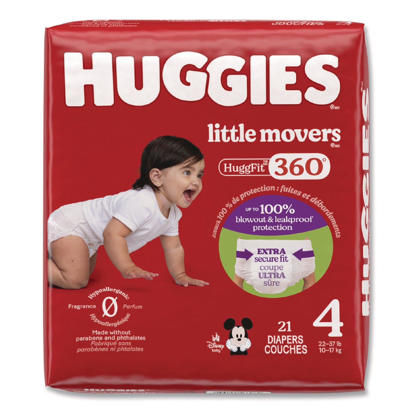 Huggies® Little Movers HuggFit 360 Degree, Size 4, 22 lbs to 37 lbs, Disney Design, 21 Diapers/Pack, 4 Packs/Carton (KCM56606)