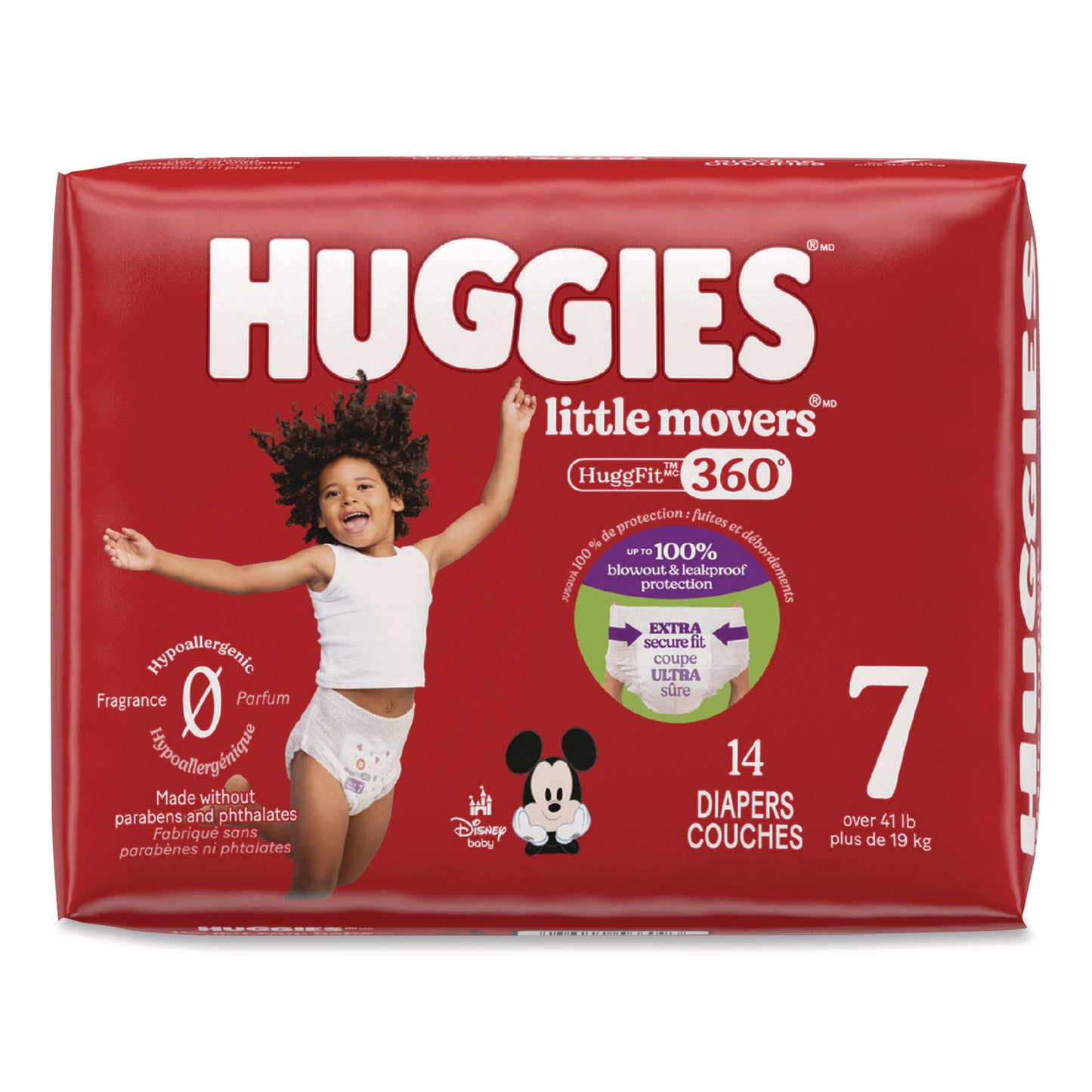 Huggies® Little Movers HuggFit 360 Degree, Size 7, Over 41 lbs, Disney Design, 14 Diapers/Pack, 4 Packs/Carton (KCM56609)