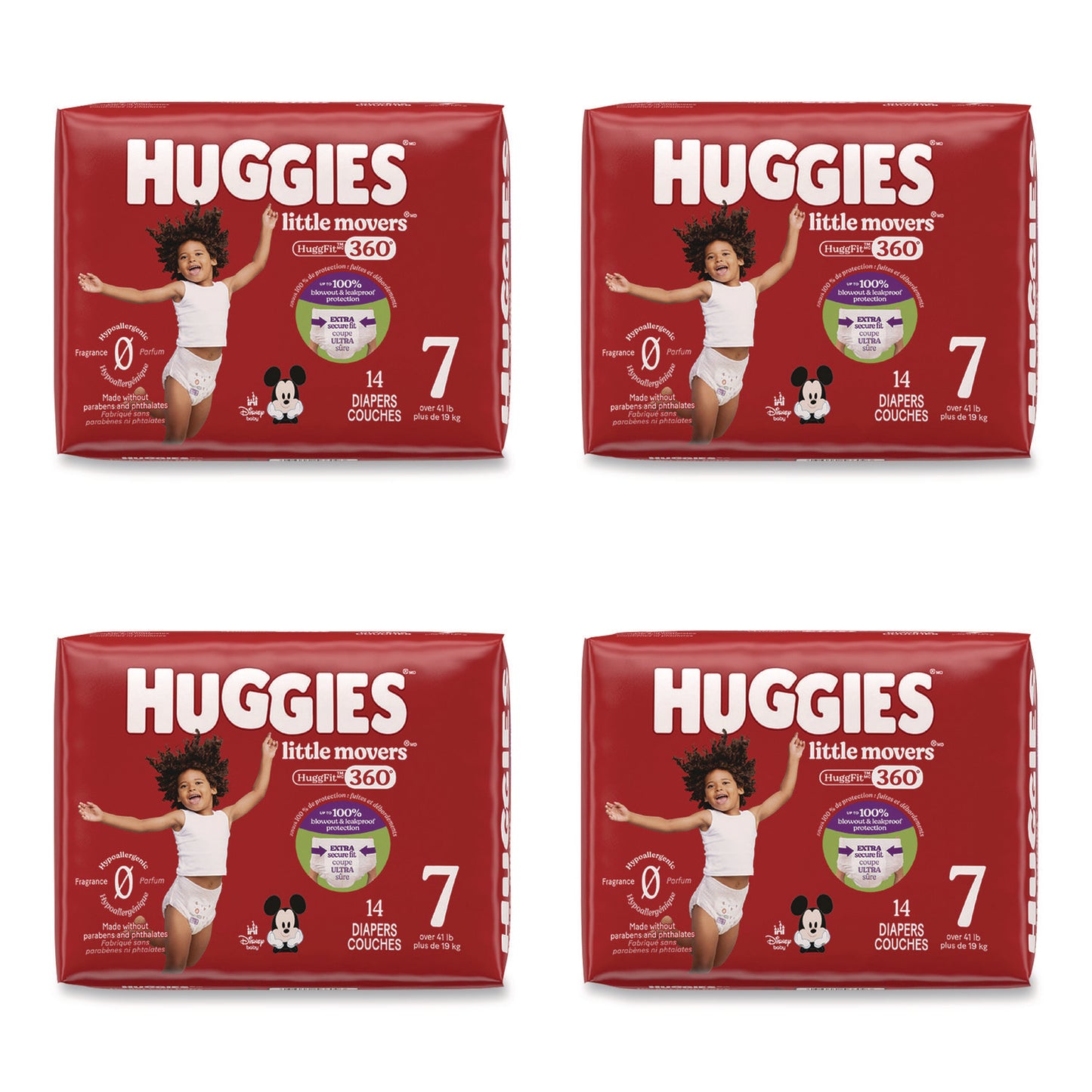 Huggies® Little Movers HuggFit 360 Degree, Size 7, Over 41 lbs, Disney Design, 14 Diapers/Pack, 4 Packs/Carton (KCM56609)
