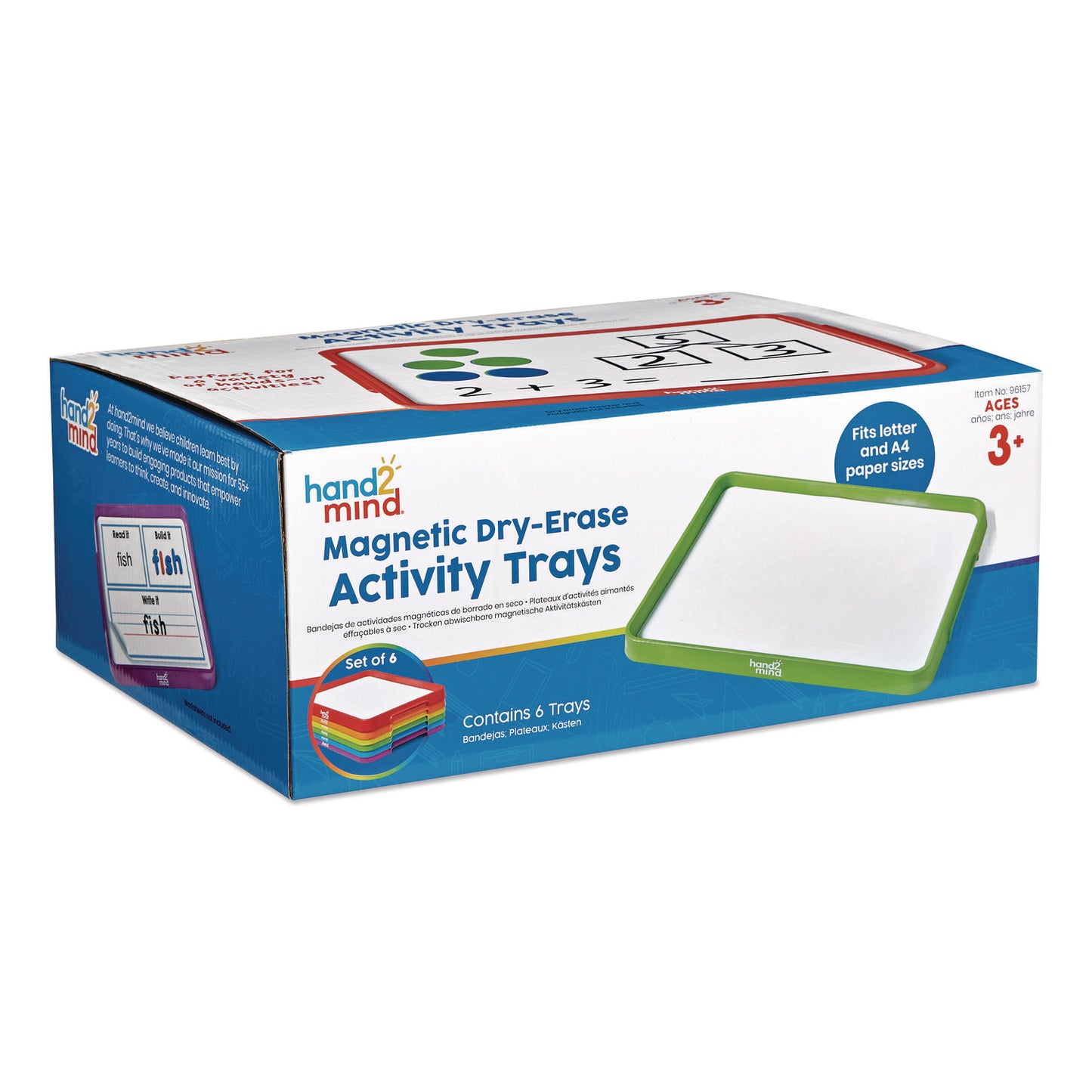 hand2mind® Magnetic Dry-Erase Trays, 13" x 9.5", White Surface, Assorted Frame Colors, 6/Set (HDM96157)