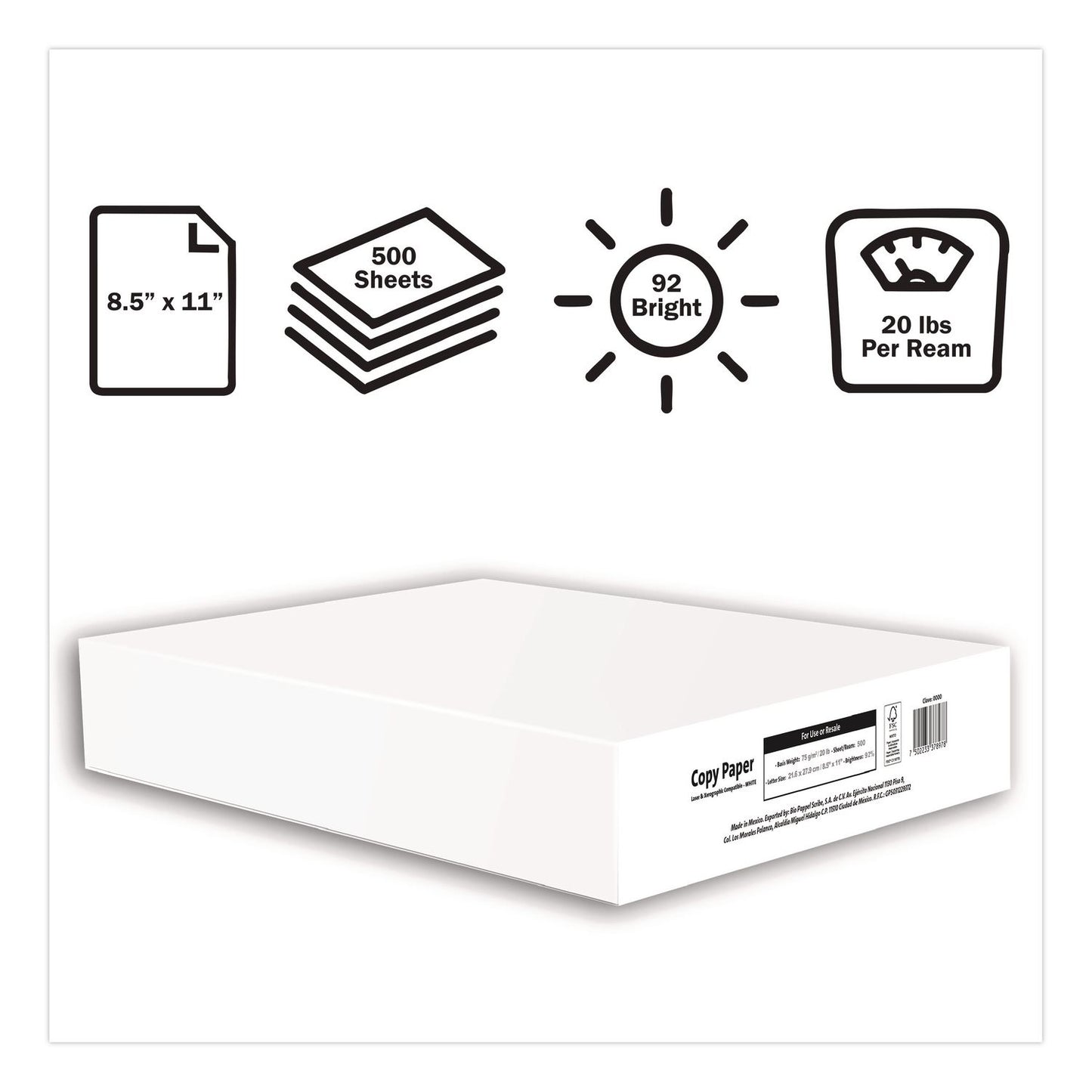 WHITEBOX Office Paper, 92 Bright, 20 lb Bond, 8.5 x 11, White, 500 Sheets/Ream, 10 Reams/Carton, 40 Cartons/Pallet, 21 PLT/Truckload (LPPXG811W9T1)
