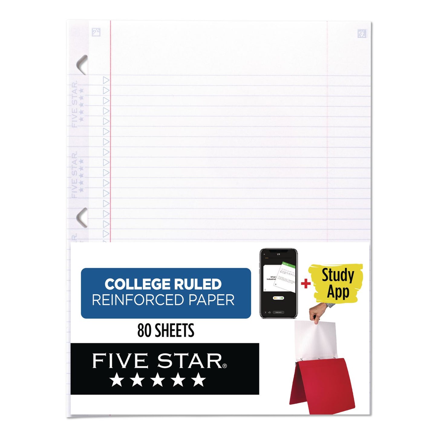 Five Star® Reinforced Filler Paper Plus Study App, 3-Hole, 8.5 x 11, College Rule, 80/Pack (MEA170102)