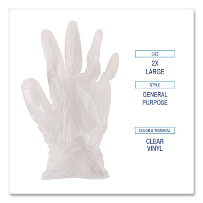 Boardwalk® General Purpose Vinyl Gloves, Powder-Free, XX-Large, 2.6 mil Thick, 9.5" Long, Clear, 100/Box, 10 Boxes/Carton (BWK365XXLCT)