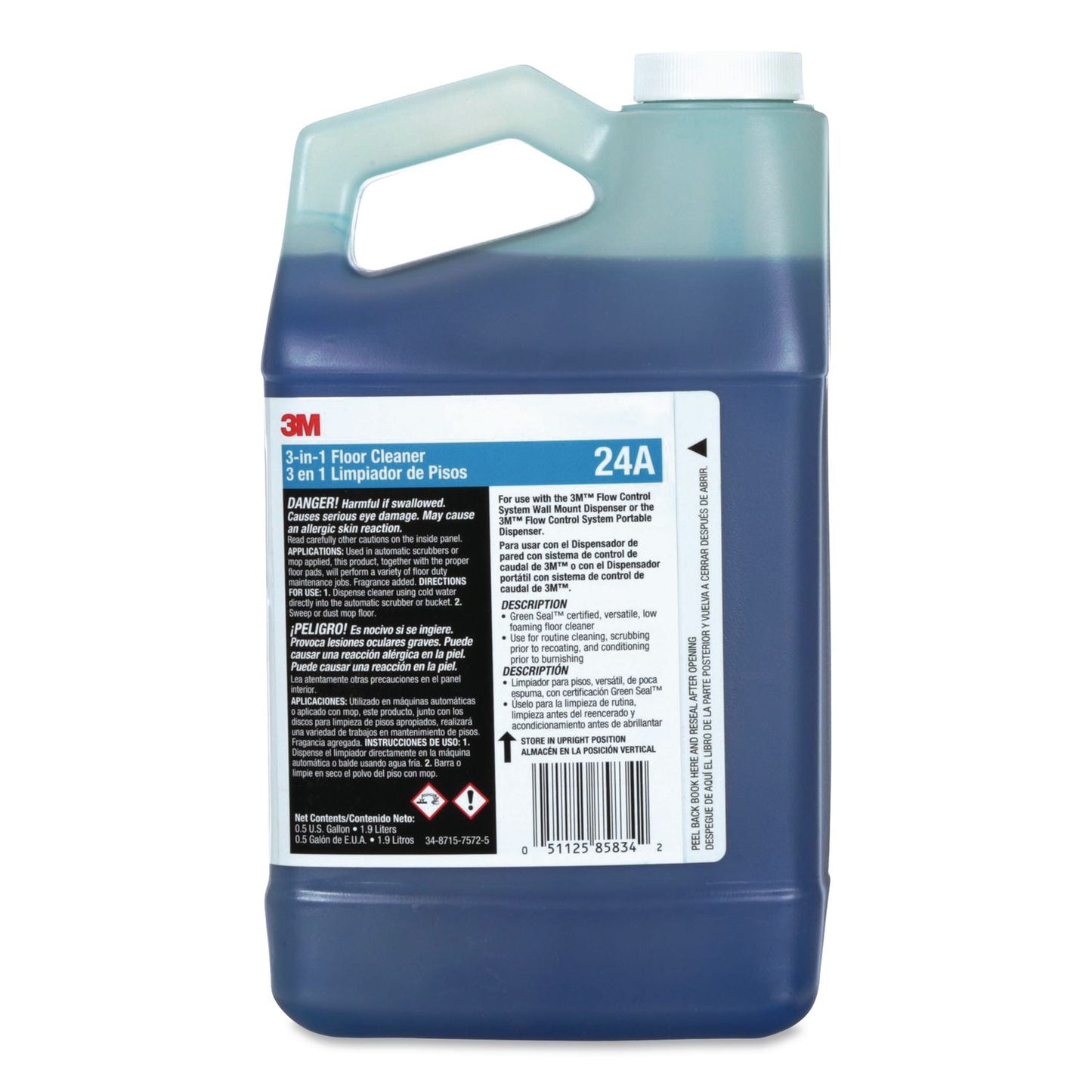3M™ 3-in-1 Floor Cleaner Concentrate 24A, Fresh Scent, 0.5 gal Bottle, 4/Carton (MMM24A)