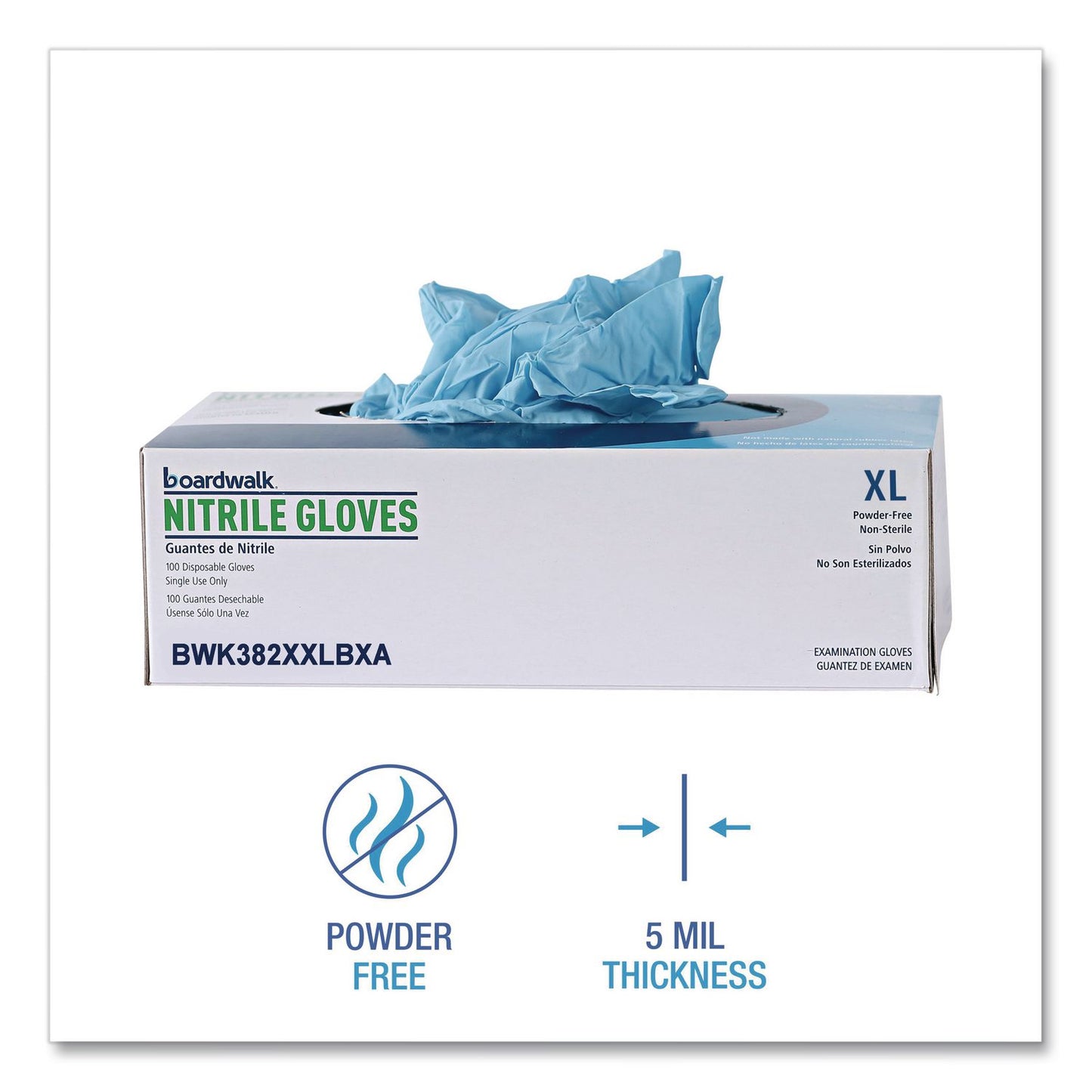 Boardwalk® Disposable Examination Nitrile Gloves, Powder-Free, XX-Large, 5 mil Thick, 9.5" Long, Blue, 100/Box (BWK382XXLBXA)