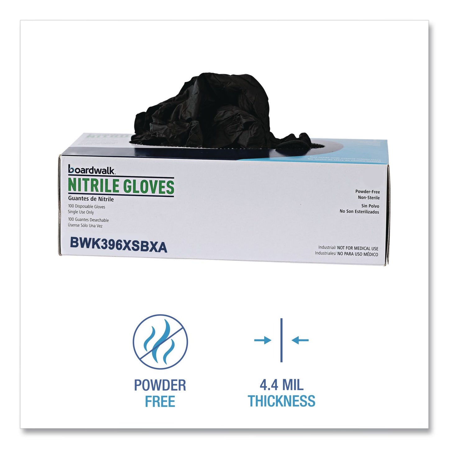 Boardwalk® 396 Series Disposable General-Purpose Nitrile Gloves, Powder-Free, X-Small, 4.4 mil Thick, 9.5" Long, Black, 100/Box (BWK396XSBXA)
