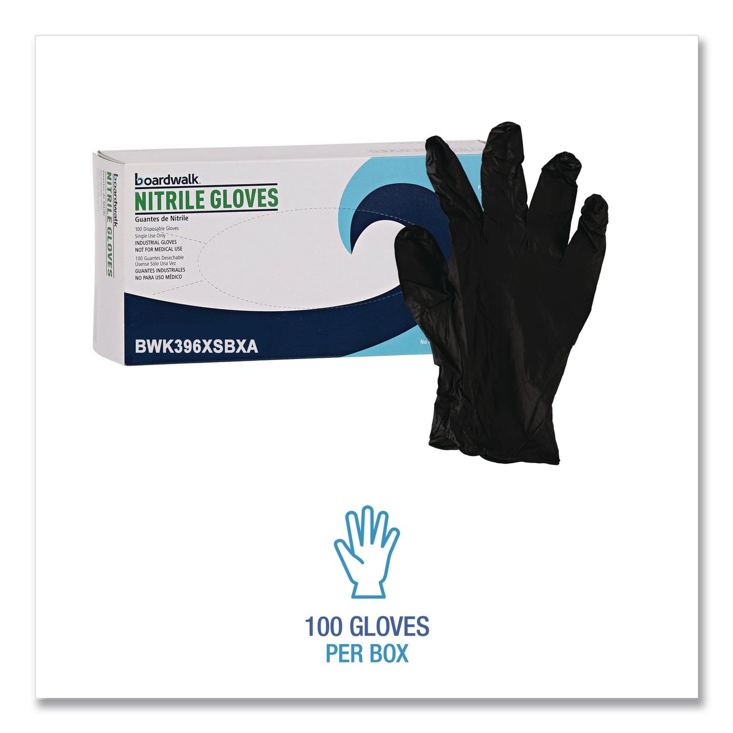 Boardwalk® 396 Series Disposable General-Purpose Nitrile Gloves, Powder-Free, X-Small, 4.4 mil Thick, 9.5" Long, Black, 100/Box,10 BX/CT (BWK396XSCTA)