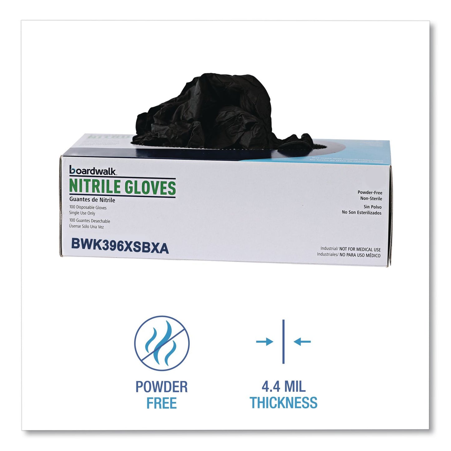 Boardwalk® 396 Series Disposable General-Purpose Nitrile Gloves, Powder-Free, X-Small, 4.4 mil Thick, 9.5" Long, Black, 100/Box,10 BX/CT (BWK396XSCTA)