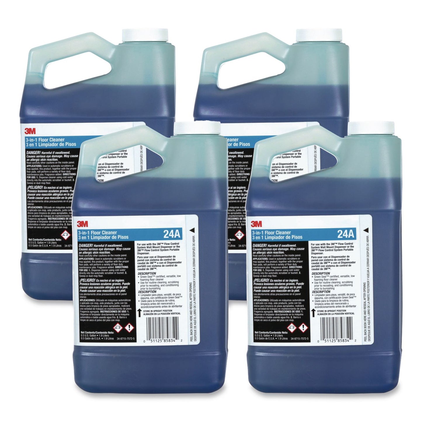 3M™ 3-in-1 Floor Cleaner Concentrate 24A, Fresh Scent, 0.5 gal Bottle, 4/Carton (MMM24A)