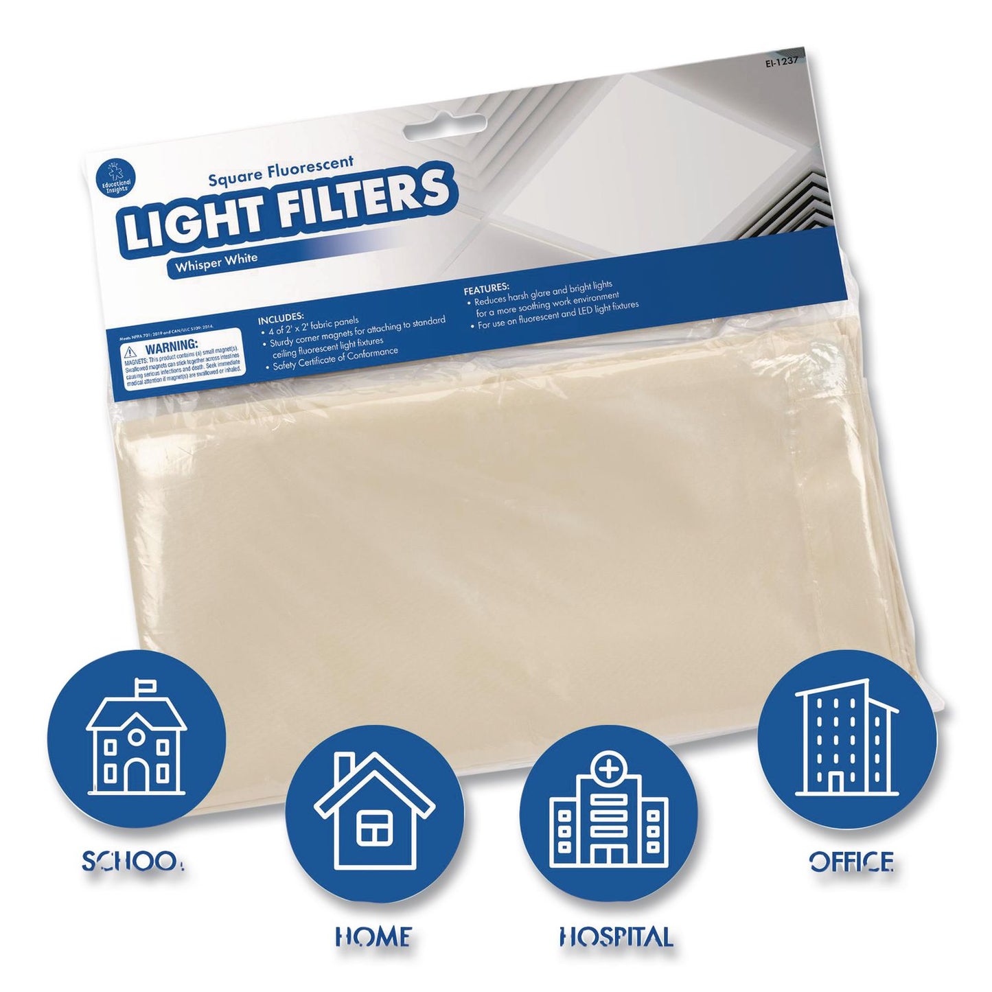 Educational Insights® Fluorescent Light Filter Covers, Square, 2 ft x 2 ft, Whisper White, 4 Covers (EII1237)