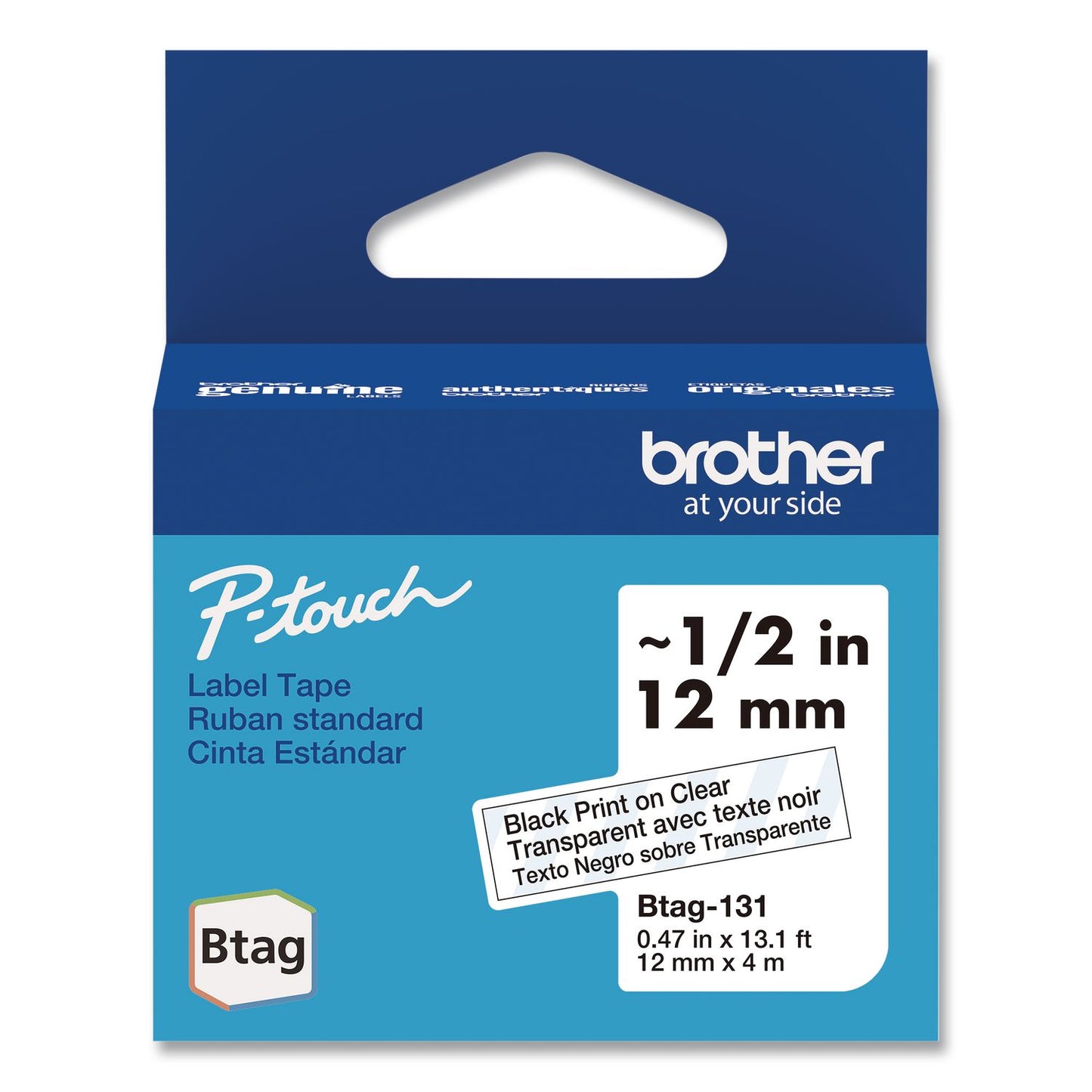 Brother P-Touch® Genuine P-Touch BTAG Label Tapes, 0.47" x 13.1 ft, Black on Clear (BRTBTAG131)