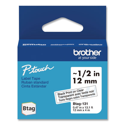 Brother P-Touch® Genuine P-Touch BTAG Label Tapes, 0.47" x 13.1 ft, Black on Clear (BRTBTAG131)