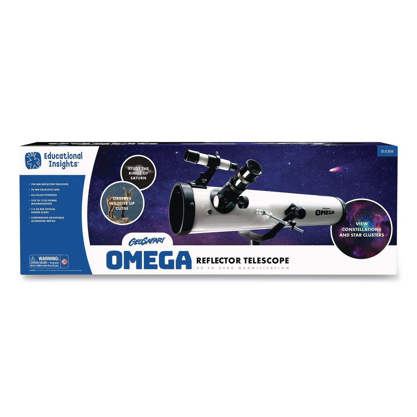 Educational Insights® GeoSafari Omega Reflector Telescope,, 2 Elements, 35x to 300x Magnification, 76 mm Aperture, 700 mm Focal Length, White (EII5306)
