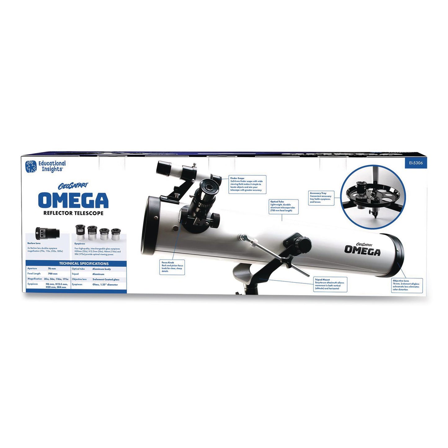 Educational Insights® GeoSafari Omega Reflector Telescope,, 2 Elements, 35x to 300x Magnification, 76 mm Aperture, 700 mm Focal Length, White (EII5306)