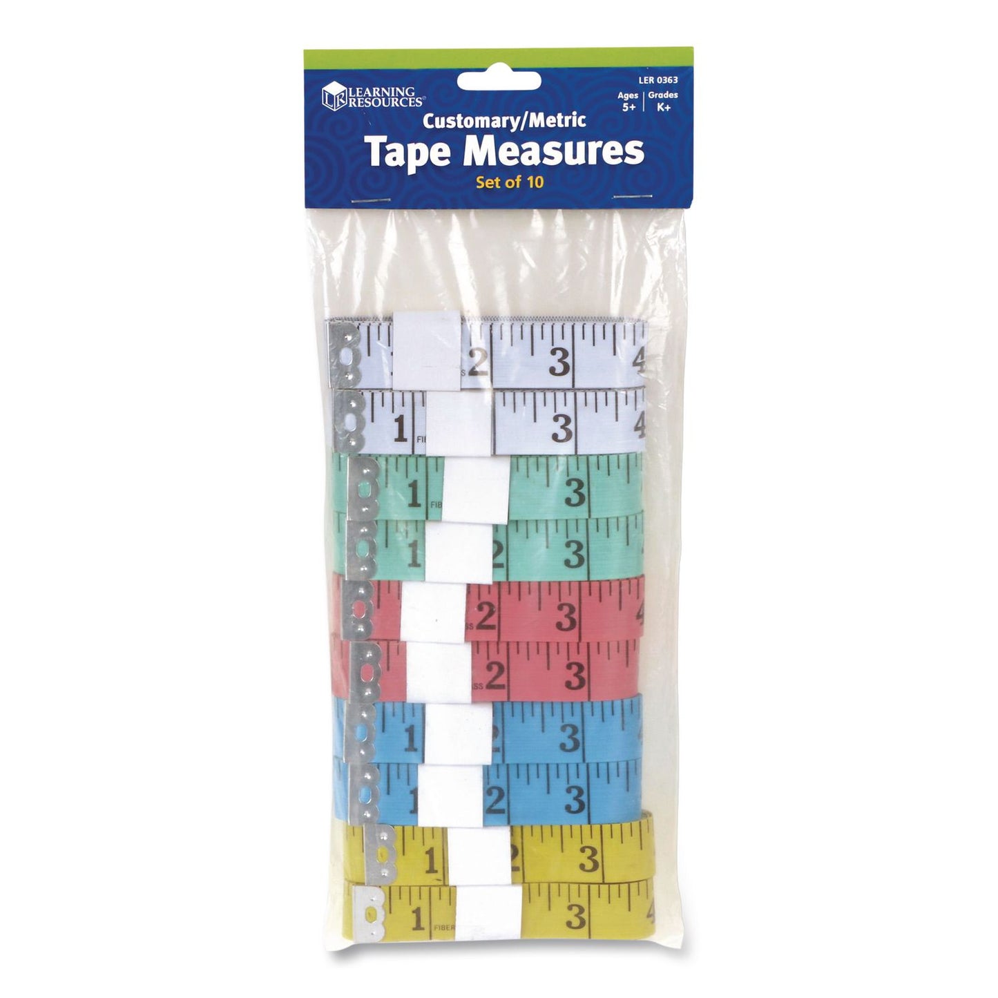 Learning Resources® Standard/Metric Tape Measure, 60" Long, Assorted Colors, Plastic, 10 Tape Measures (LRNLER0363)