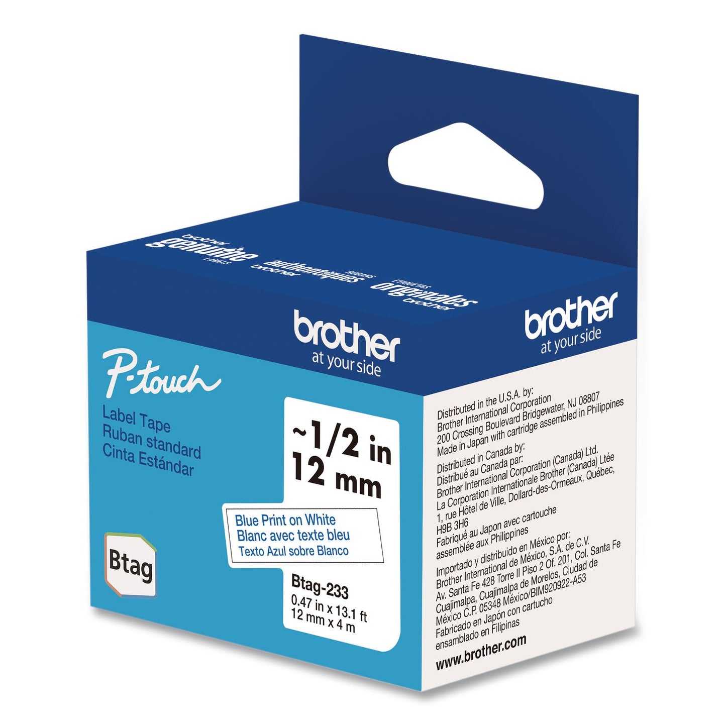 Brother P-Touch® Genuine P-Touch BTAG Label Tapes, 0.47" x 13.1 ft, Blue on White (BRTBTAG233)