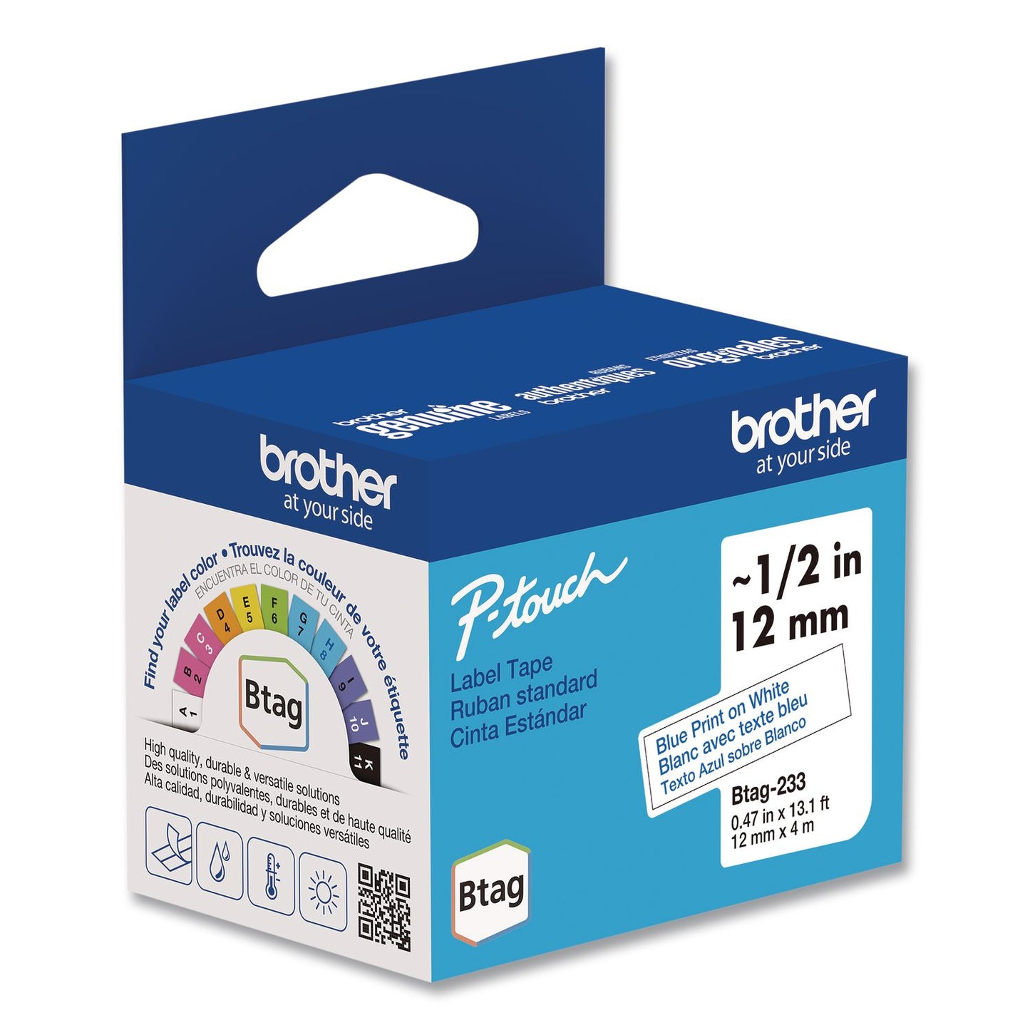 Brother P-Touch® Genuine P-Touch BTAG Label Tapes, 0.47" x 13.1 ft, Blue on White (BRTBTAG233)
