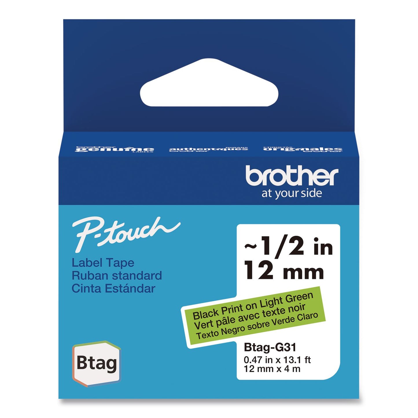 Brother P-Touch® Genuine P-Touch BTAG Label Tapes, 0.47" x 13.1 ft, Black on Light Green (BRTBTAGG31)