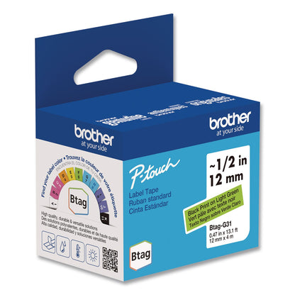 Brother P-Touch® Genuine P-Touch BTAG Label Tapes, 0.47" x 13.1 ft, Black on Light Green (BRTBTAGG31)