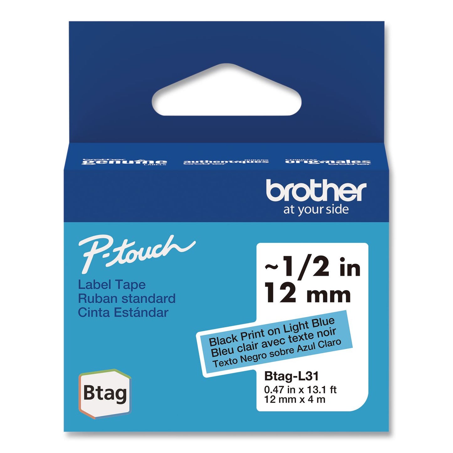 Brother P-Touch® Genuine P-Touch BTAG Label Tapes, 0.47" x 13.1 ft, Black on Light Blue (BRTBTAGL31)