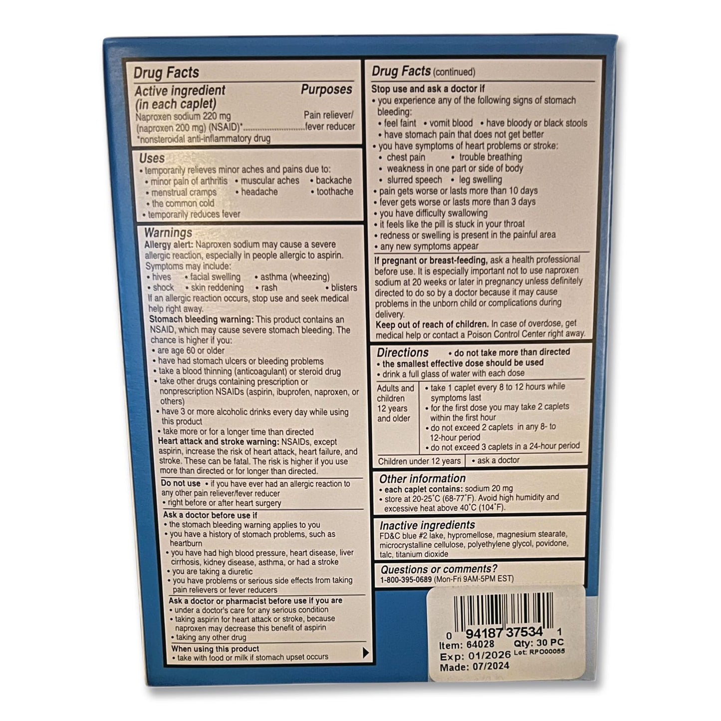 Aleve® Pain Reliever Tablets Refill Packs, 1 Tablet/Packet, 30/Box (LIL64028)